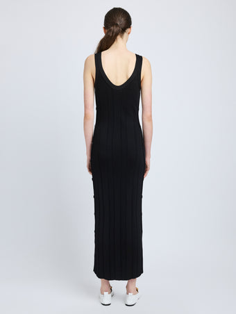 Proenza Schouler Back full length image of model wearing Ellis Dress in Column Rib in Black