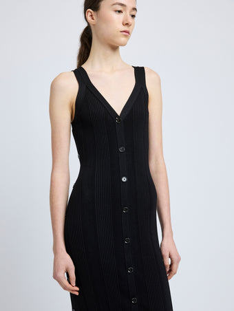 Proenza Schouler Detail image of model wearing Ellis Dress in Column Rib in Black