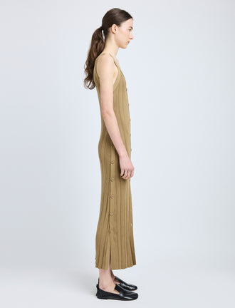 Proenza Schouler Side full length image of model wearing Ellis Dress in Column Rib in Bronze
