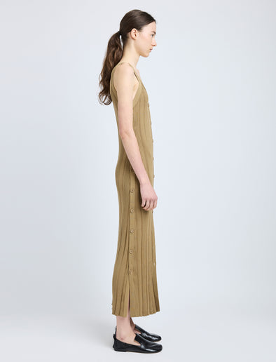 Proenza Schouler Side full length image of model wearing Ellis Dress in Column Rib in Bronze