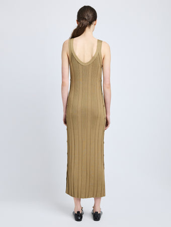 Proenza Schouler Back full length image of model wearing Ellis Dress in Column Rib in Bronze