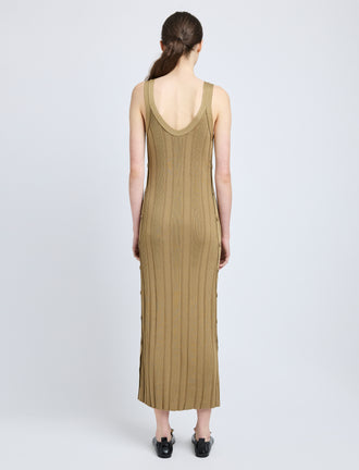 Proenza Schouler Back full length image of model wearing Ellis Dress in Column Rib in Bronze