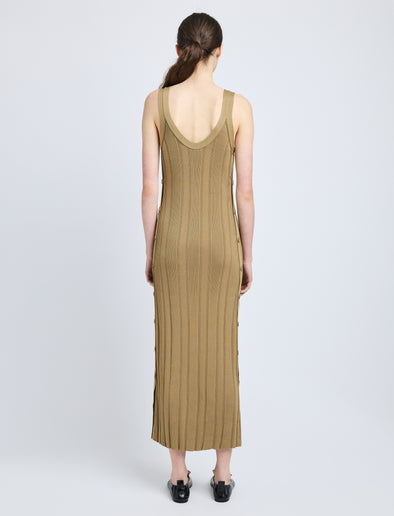 Proenza Schouler Back full length image of model wearing Ellis Dress in Column Rib in Bronze