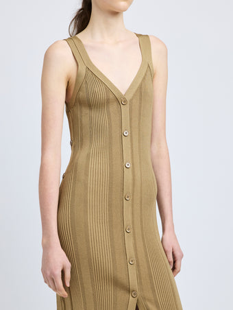 Proenza Schouler Detail image of model wearing Ellis Dress in Column Rib in Bronze