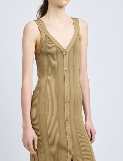 Proenza Schouler Detail image of model wearing Ellis Dress in Column Rib in Bronze
