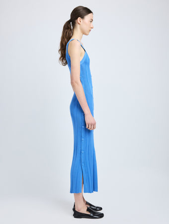 Proenza Schouler Side full length image of model wearing Ellis Dress in Column Rib in Blue