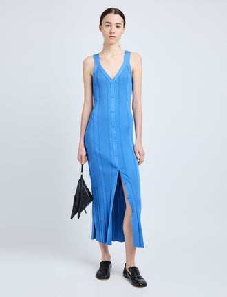Proenza Schouler Front full length image of model wearing Ellis Dress in Column Rib in Blue