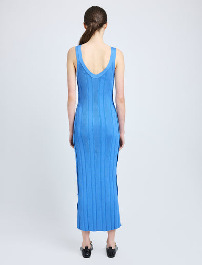 Proenza Schouler Back full length image of model wearing Ellis Dress in Column Rib in Blue