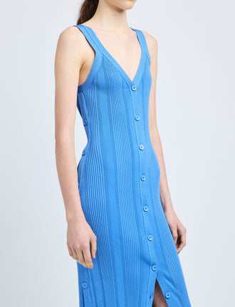 Proenza Schouler Detail image of model wearing Ellis Dress in Column Rib in Blue