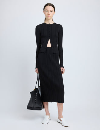 Proenza Schouler Front full length image of model wearing Currin Top in Column Rib in Black