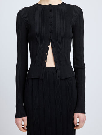 Proenza Schouler Detail image of model wearing Currin Top in Column Rib in Black