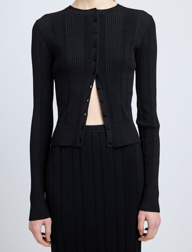 Proenza Schouler Detail image of model wearing Currin Top in Column Rib in Black