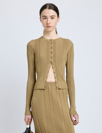 Proenza Schouler Front cropped image of model wearing Currin Top in Column Rib in Bronze