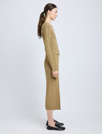 Proenza Schouler Side full length image of model wearing Currin Top in Column Rib in Bronze