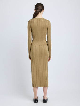 Proenza Schouler Back full length image of model wearing Currin Top in Column Rib in Bronze