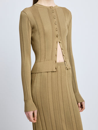Proenza Schouler Detail image of model wearing Currin Top in Column Rib in Bronze