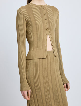 Proenza Schouler Detail image of model wearing Currin Top in Column Rib in Bronze