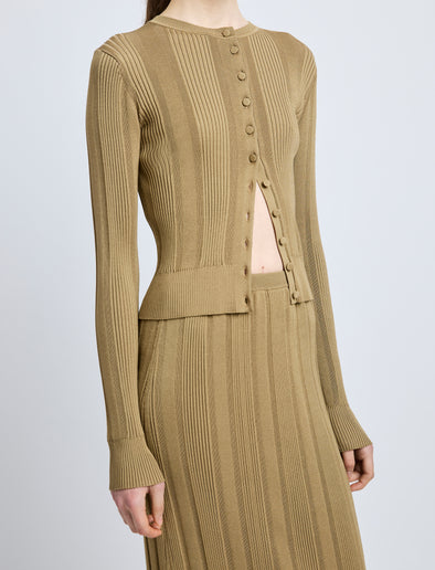 Proenza Schouler Detail image of model wearing Currin Top in Column Rib in Bronze