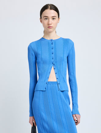 Proenza Schouler Front cropped image of model wearing Currin Top in Column Rib in Blue