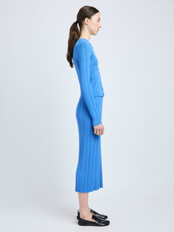 Proenza Schouler Side full length image of model wearing Currin Top in Column Rib in Blue