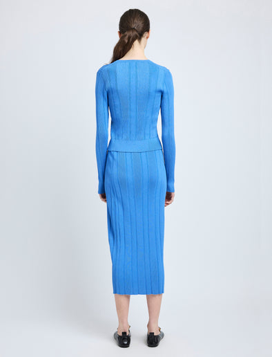 Proenza Schouler Back full length image of model wearing Currin Top in Column Rib in Blue