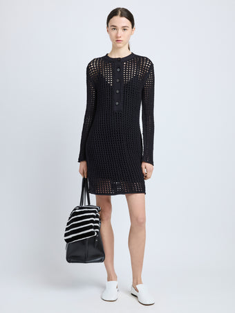 Proenza Schouler Front full length image of model wearing Micah Dress in Open Crochet in Black