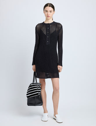 Proenza Schouler Front full length image of model wearing Micah Dress in Open Crochet in Black