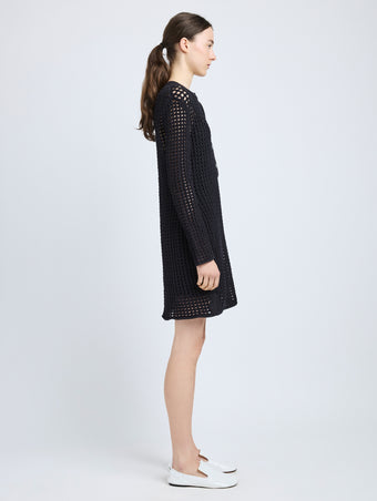 Proenza Schouler Side full length image of model wearing Micah Dress in Open Crochet in Black