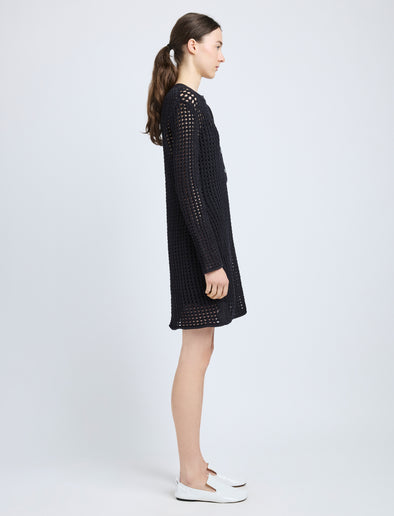 Proenza Schouler Side full length image of model wearing Micah Dress in Open Crochet in Black
