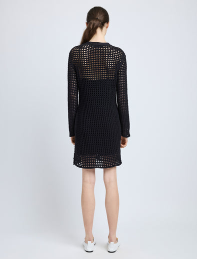 Proenza Schouler Back full length image of model wearing Micah Dress in Open Crochet in Black