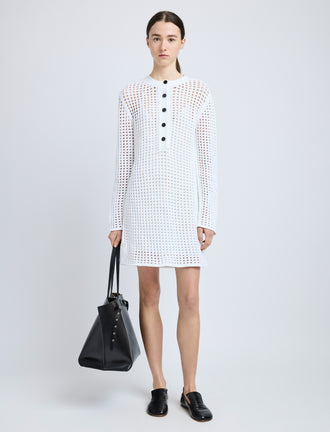 Proenza Schouler Front full length image of model wearing Micah Dress in Open Crochet in Off White