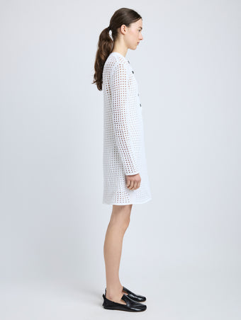 Proenza Schouler Side full length image of model wearing Micah Dress in Open Crochet in Off White