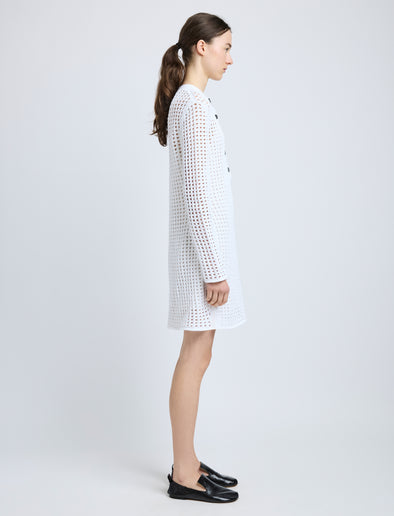 Proenza Schouler Side full length image of model wearing Micah Dress in Open Crochet in Off White