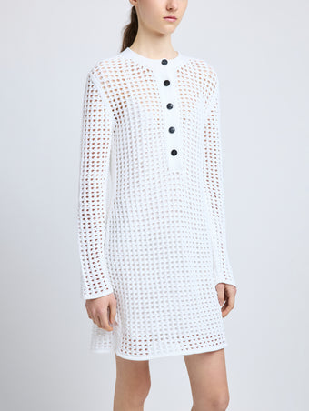 Proenza Schouler Detail image of model wearing Micah Dress in Open Crochet in Off White