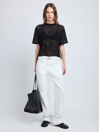 Proenza Schouler Front full length image of model wearing Kimia Top in Open Crochet in Black