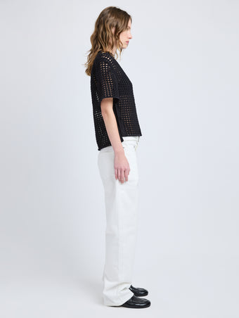 Proenza Schouler Side full length image of model wearing Kimia Top in Open Crochet in Black