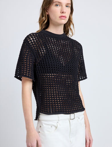 Proenza Schouler Detail image of model wearing Kimia Top in Open Crochet in Black