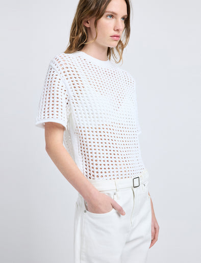 Proenza Schouler Detail image of model wearing Kimia Top in Open Crochet in Off White