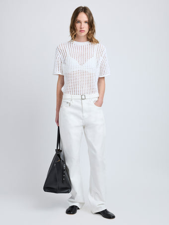Proenza Schouler Front full length image of model wearing Kimia Top in Open Crochet in Off White