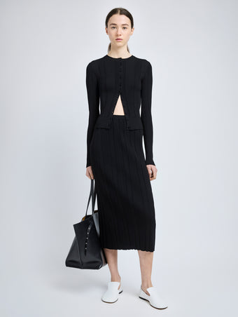Proenza Schouler Front full length image of model wearing Ryanne Skirt in Column Rib in Black