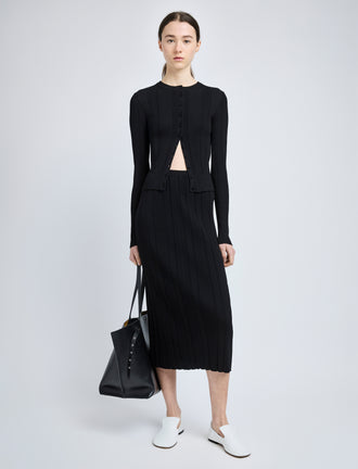 Proenza Schouler Front full length image of model wearing Ryanne Skirt in Column Rib in Black