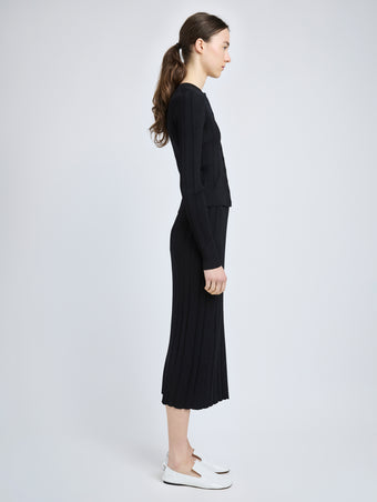Proenza Schouler Side full length image of model wearing Ryanne Skirt in Column Rib in Black