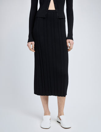Proenza Schouler Detail image of model wearing Ryanne Skirt in Column Rib in Black