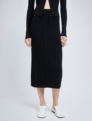 Proenza Schouler Detail image of model wearing Ryanne Skirt in Column Rib in Black