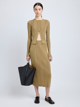Proenza Schouler Front full length image of model wearing Ryanne Skirt in Column Rib in Bronze
