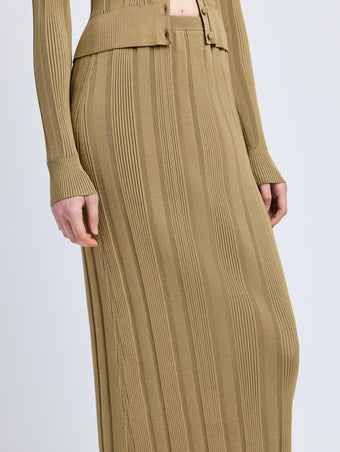 Proenza Schouler Detail image of model wearing Ryanne Skirt in Column Rib in Bronze