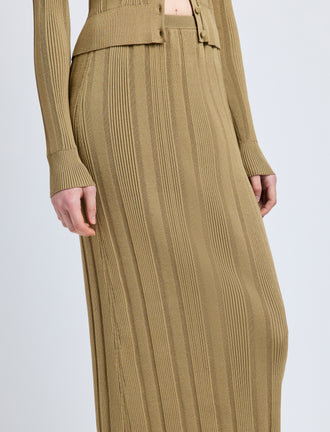 Proenza Schouler Detail image of model wearing Ryanne Skirt in Column Rib in Bronze
