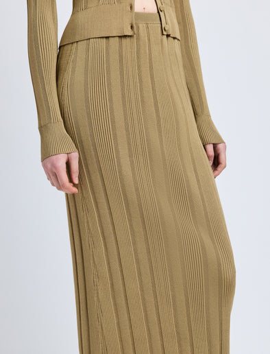 Proenza Schouler Detail image of model wearing Ryanne Skirt in Column Rib in Bronze