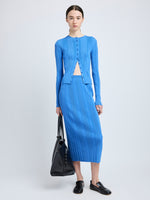 Proenza Schouler Front full length image of model wearing Ryanne Skirt in Column Rib in Blue