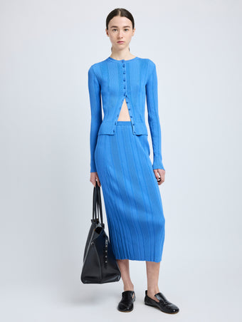 Proenza Schouler Front full length image of model wearing Ryanne Skirt in Column Rib in Blue